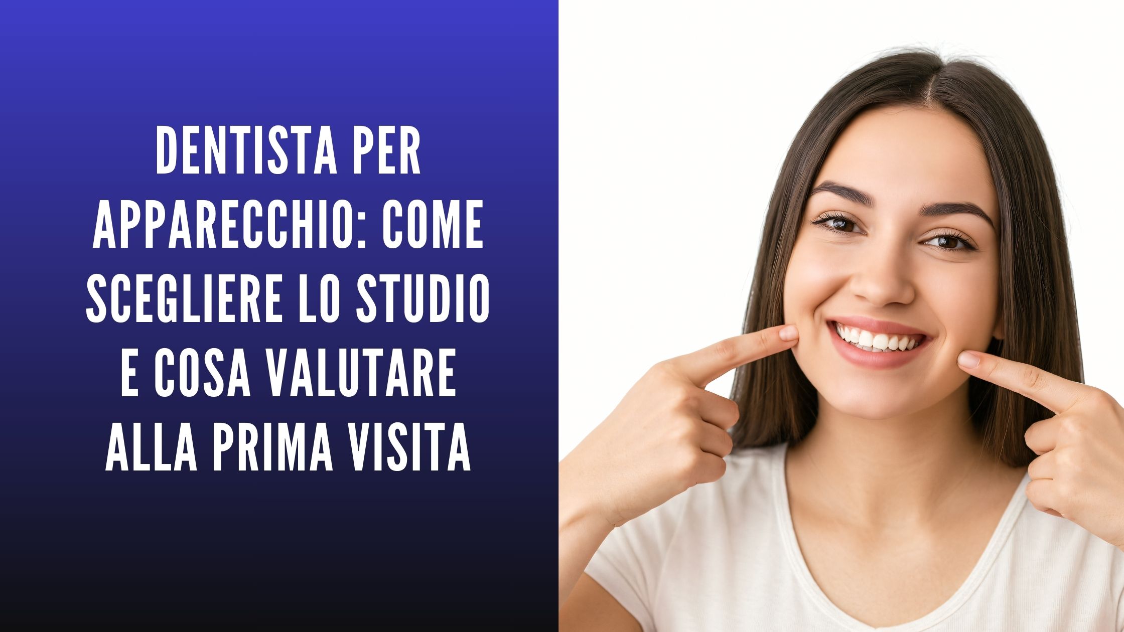 Ragazza sorridente con mano sulla guancia e grafica informativa su dentista per apparecchio
