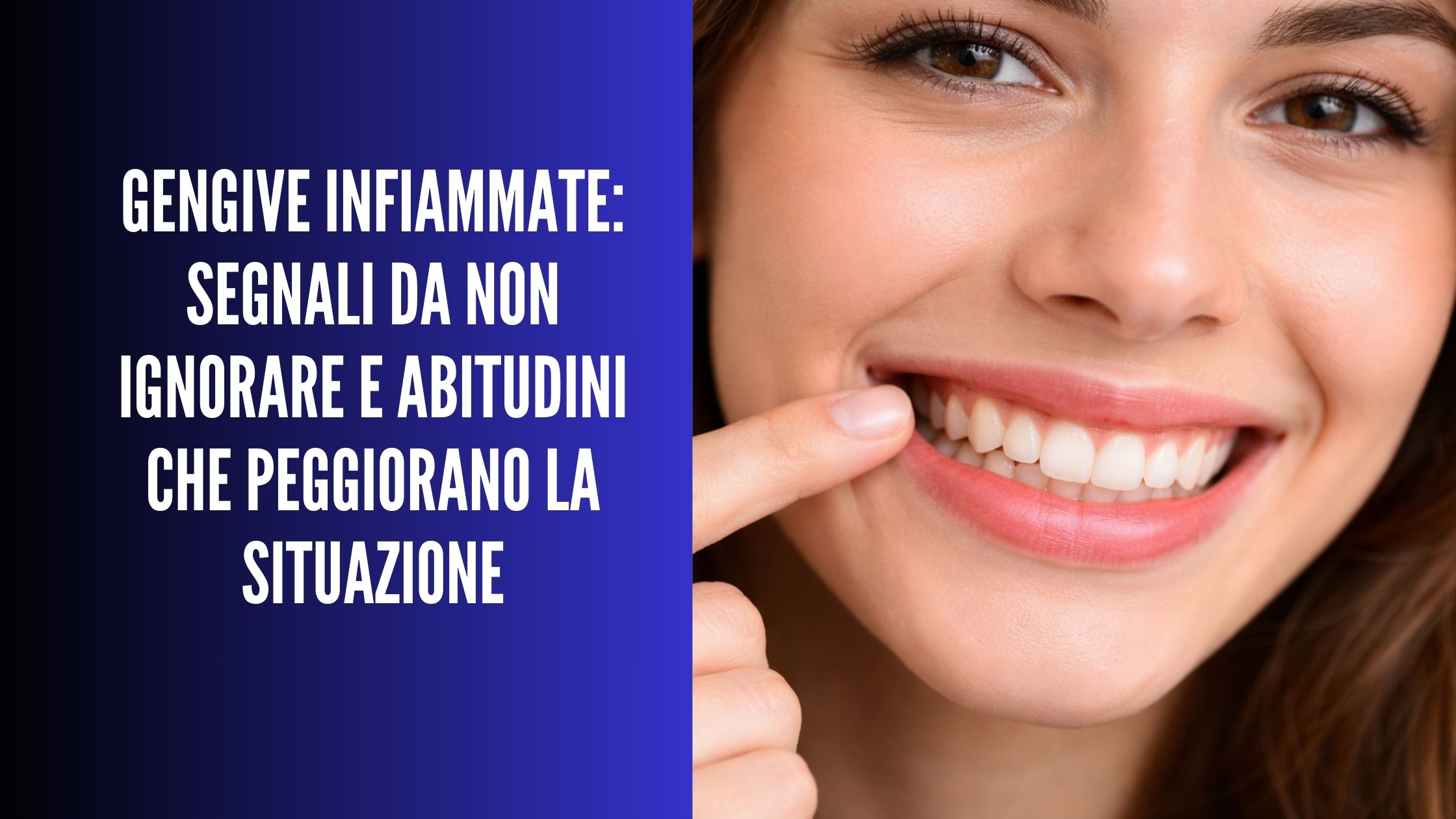 Ragazza sorridente mostra gengive arrossate e infiammate vicino ai denti anteriori